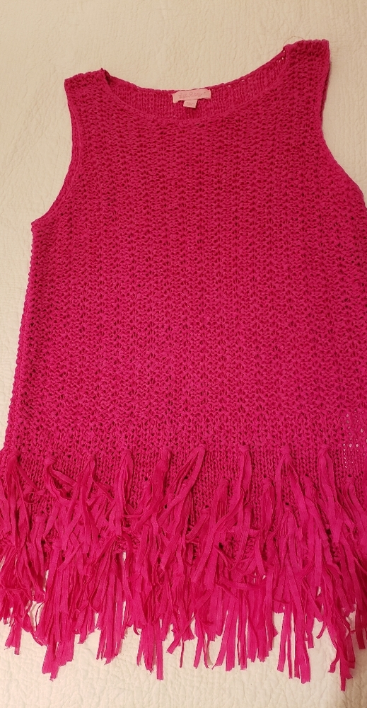Lilly Pulitzer Lua small berry sangria pink sweater tank with fringe.